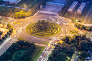 This is an image of a roundabout, which is commonly designed in Transportation Engineering.